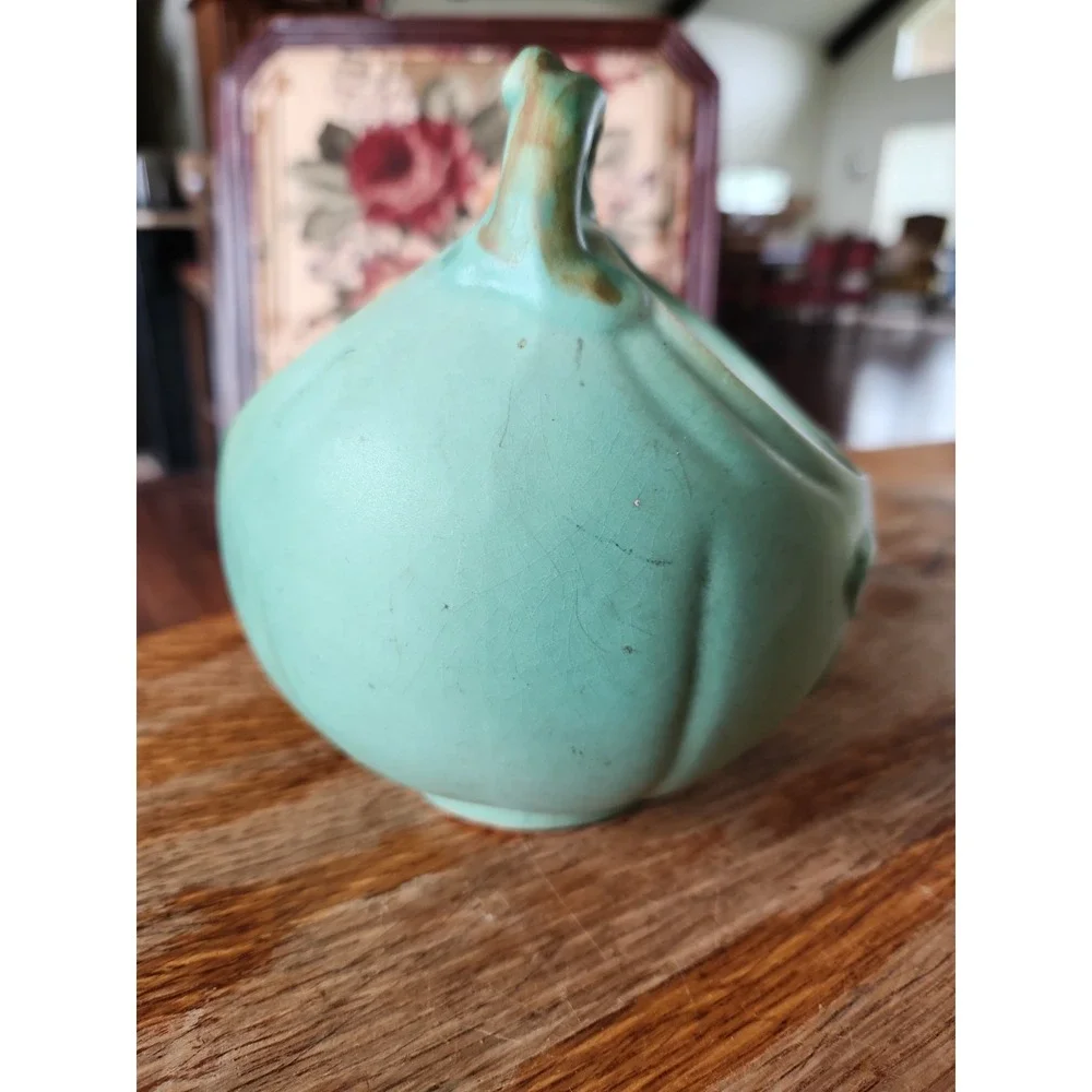 Vintage Weller Art Pottery Wild Rose Matte Green / Blue Basket Vase